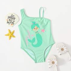 Слитный купальник с принтом русалки для девочек Shein