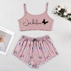 Пижама на бретелях размера плюс с принтом бабочки Shein