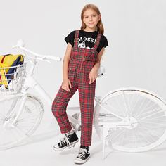 Комбинезон с поясом в клетку для девочек Shein
