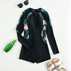 Слитный купальник на молнии с цветочным рисунком Shein