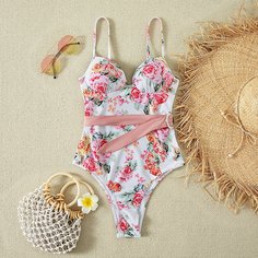Слитный купальник с поясом и цветочным узором Shein