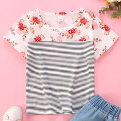 Цветочный Повседневный Футболки для маленьких девочек Shein