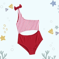 Слитный купальник в полоску на одно плечо для девочек Shein