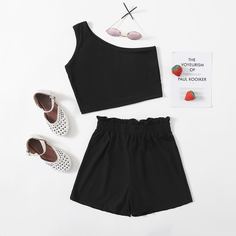 Топ на одно плечо и шорты с присборенной талией для девочек Shein
