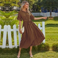 Платье в горошек с пуговицами и поясом Shein