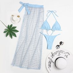 3шт бикини с треугольными чашечками и пляжная юбка Shein