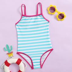 Слитный купальник в полоску для девочек Shein