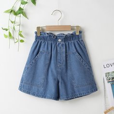 Джинсовые шорты с присборенной талией для девочек Shein