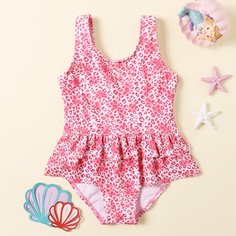 Слитный купальник с леопардоным принтом для девочек Shein