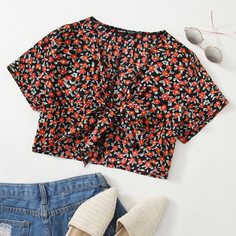 С батом перед цветочный Бохо Женские топы Shein