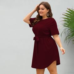 с поясом Одноцветный Повседневный Платья размер плюс Shein