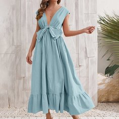 Платье с открытой спиной, бантом и глубоким воротником Shein