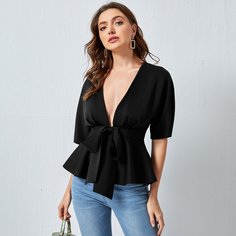 Блуза С Глубоким Вырезом Оборкой И Поясом Бантом Shein