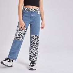 Контрастные джинсы с леопардовым принтом для девочек Shein