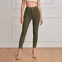 Рваные короткие джинсы с высокой талией Shein
