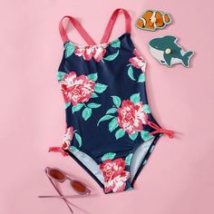 Слитный купальник с цветочным принтом для девочек Shein