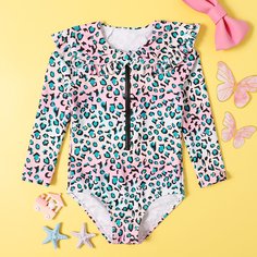 Слитный купальник с молнией и леопардовым принтом для девочек Shein