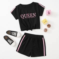 Футболка и шорты с текстовым принтом и узлом для девочек Shein