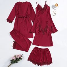 с поясом Одноцветный Элегантный Комплект пижамы Shein