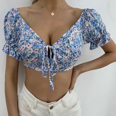 с оборками цветочный Бохо Блузы Shein