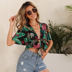 С батом перед Тропический Бохо Женские топы Shein