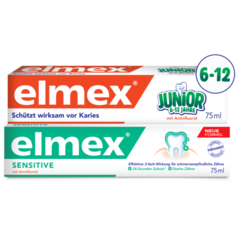 Набор зубных паст Elmex Детская Юниор от 6 до 12 лет, 75 мл + Сенситив Плюс для чувствительных зубов, 75 мл