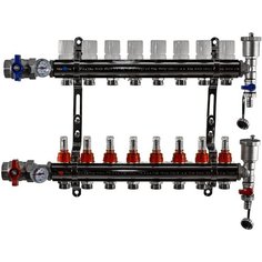 Коллекторная группа Tim (KA008) 1", 8 вых., расходомер, воздухоотводчик, сливной кран, термометр