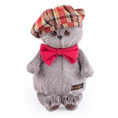 Мягкая игрушка Basik&Co Кот Басик в красном клетчатом берете с бантом из флиса 19 см
