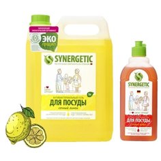 Synergetic Набор: средство для мытья детской посуды и фруктов Сочный лимон 5 л, средство для мытья посуды Сочный арбуз 500 мл