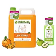 Synergetic Набор гелей для мытья посуды, овощей и фруктов Сочный апельсин, 5 л и Сочное яблоко, 500 мл