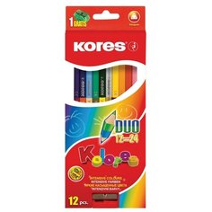 Карандаши цветные 24цв 12шт 3-гран,двустор с точилкой Kores 93212.