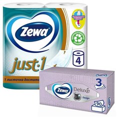 Набор Zewa Туалетная бумага Just1 четырехслойная 4 рул. + салфетки бумажные Deluxe Design 90 шт.