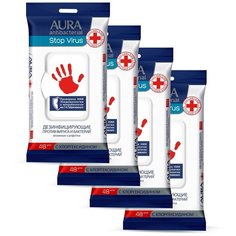 Влажные салфетки Aura антибактериальные дезинфицирующие, 48 шт., 4 уп.