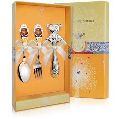 АргентА Набор для малышей "Мишка" с позолотой с эмалью (ложка, вилка, погремушка) + футляр