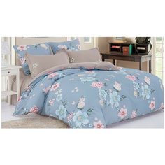 Постельное белье евростандарт Cleo Satin de Luxe 688-SK, сатин, 50 х 70 и 70 х 70 см, бежевый/голубой