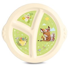 Тарелка Пластишка трехсекционная с декором, бежевый/зеленый/олененок