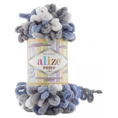 Пряжа Alize Puffy Color, цвет белый серый джинс, 5 мотков