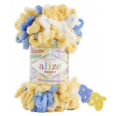 Пряжа Alize Puffy Color, цвет бело-жёлто-голубой, 5 мотков