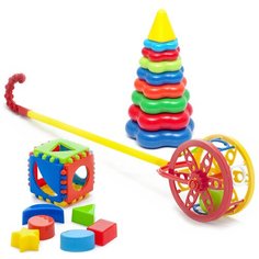 Набор развивающий Каталка "Колесо" + Игрушка "Кубик логический малый" + Пирамида детская большая Karolina toys