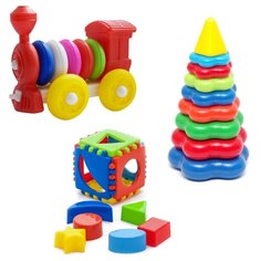 Развивающий набор Игрушка "Кубик логический малый" арт. 40-00110 + Пирамида детская большая арт. 40-0045 + Конструктор-каталка "Паровозик" арт. К-004 Karolina Toys