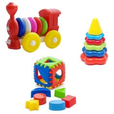Набор развивающий Игрушка "Кубик логический малый" арт. 40-0011 + Пирамида детская малая арт. 40-0046 + Конструктор-каталка "Паровозик" арт. К-004, Karolina Toys