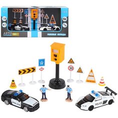 Машинка детская, металлическая, инерционная, Автопанорама, коллекционная, набор "Полиция", М 1:46, (2 машинки: Ford Shelby и Audi R8, фигурки полицейских, камера фото фиксации (свет, звук).
