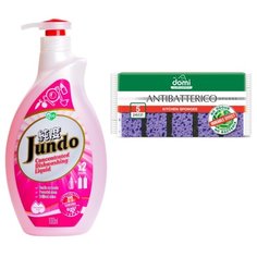 Jundo Концентрированный ЭКО гель с гиалуроновой кислотой для мытья посуды и детских принадлежностей «Sakura»,1л в подарок Губки кухонные антибактериальные Antibatterico 5шт DOMI