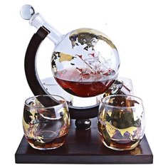 Подарочный набор для виски, декантер Корабль в глобусе с четырьмя стаканами, деревянная подставка, золотой принт, Adam Franklin AF-GRAF-10