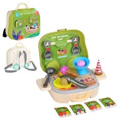 Игрушечная еда и посуда, игровой набор для детей, 12 предметов, Кафе-мороженное, 3в1: чемодан, рюкзачок, машинка, цвет зеленый, в/к 24*9,5*24,5см Компания Друзей
