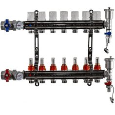 Коллекторная группа Tim (KA007) 1", 7 вых., расходомер, воздухоотводчик, сливной кран, термометр
