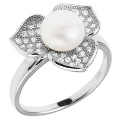 Balex Кольцо 1433920130 из серебра 925 пробы с жемчугом культивированным и фианитом, размер 18