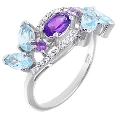 Balex Кольцо 1410931118 из серебра 925 пробы с аметистом природным, топазом голубым природным и фианитом, размер 17