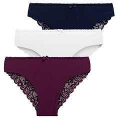 Magic lady Набор трусов слипы средней посадки с кружевом и бантиком, 3 шт., размер 42-44, шампань/темно-синий/фиолетовый