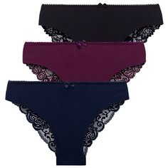 Magic lady Набор трусов слипы средней посадки с кружевом и бантиком, 3 шт., размер 42-44, черный/темно-синий/фиолетовый